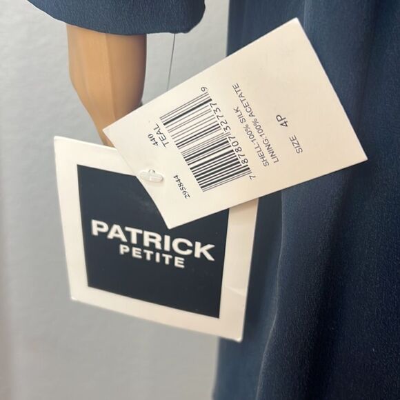 Patrick Petites Dress Size 4P 💯 Silk Teal Green Midi Long Sleeve Side Slits - Picture 7 of 11